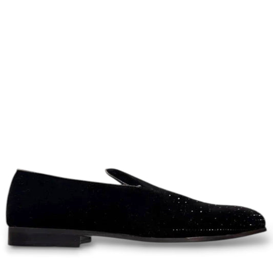Sun Arash black suede slip-on loafers with subtle handmade stitching and a durable rubber outsole. Photo of outside side view.