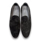 Sun Arash black suede slip-on loafers with subtle handmade stitching and a durable rubber outsole. Photo of upper view.