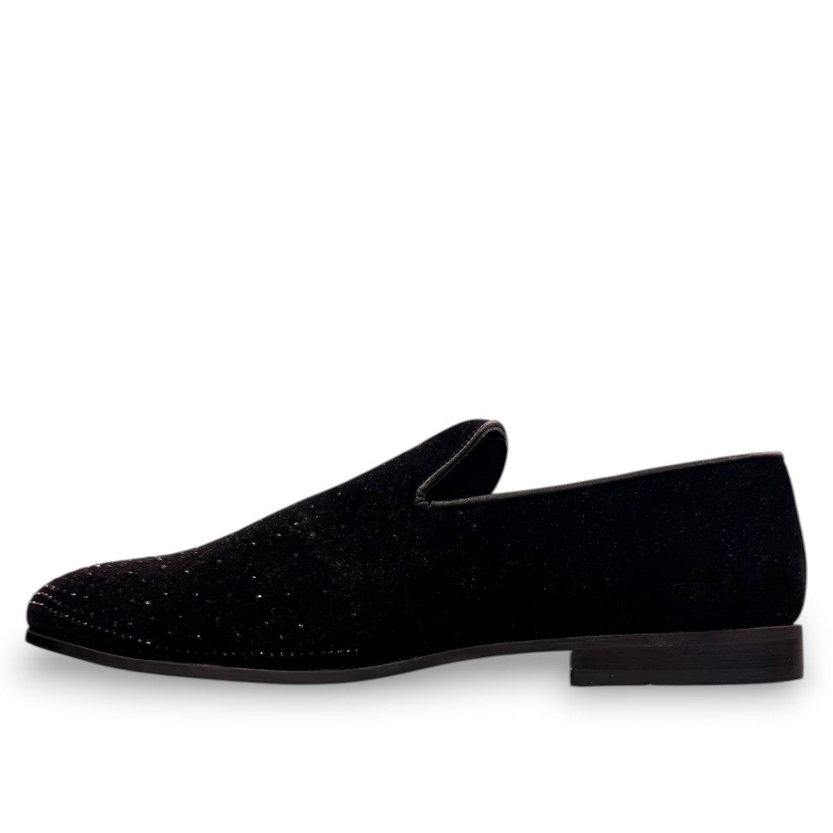 Sun Arash black suede slip-on loafers with subtle handmade stitching and a durable rubber outsole. Photo of inside side view.