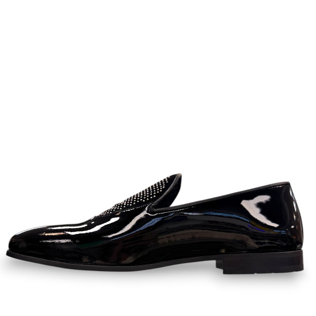 Sun Aron black patent leather loafer with handmade stitching and a durable rubber outsole. Photo of inside side view.