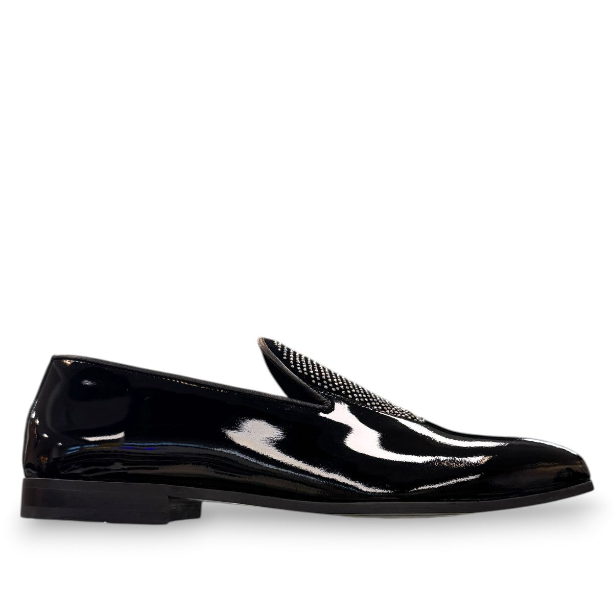 Sun Aron black patent leather loafer with handmade stitching and a durable rubber outsole. Photo of outside side view.