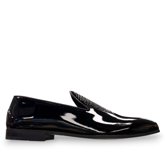 Sun Aron black patent leather loafer with handmade stitching and a durable rubber outsole. Photo of outside side view.