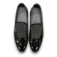 Sun Aron black patent leather loafer with handmade stitching and a durable rubber outsole. Photo of upper view.