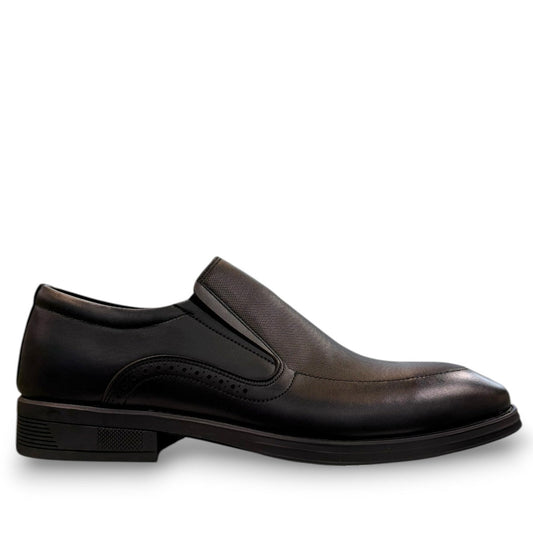 Sun Atar 2 black leather slip-on dress shoe with textured side panel and durable rubber outsole. Photo of outside side view.