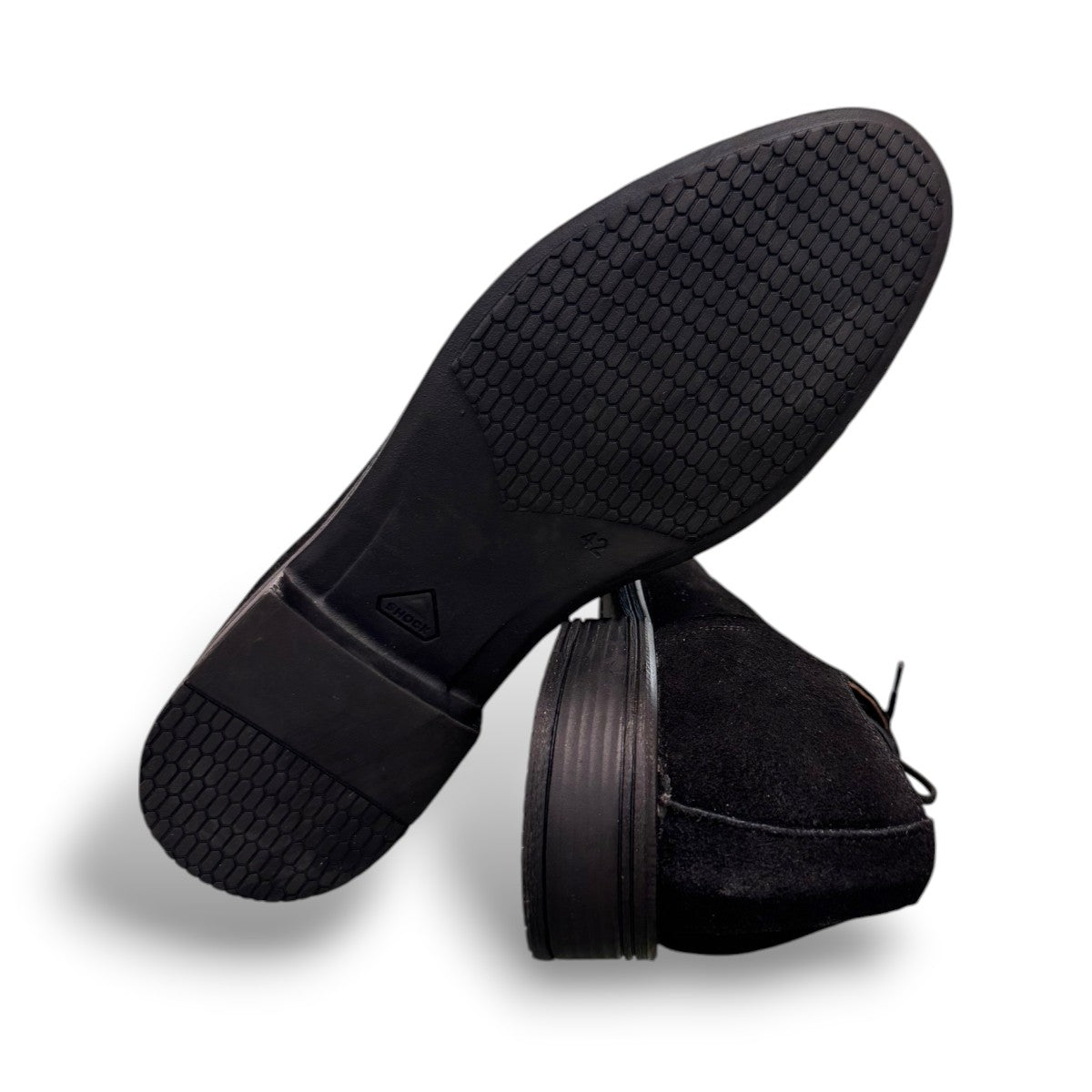 Sun Bardiya black suede lace-up dress shoes with a durable rubber outsole for formal or smart casual wear. Photo of bottom view.