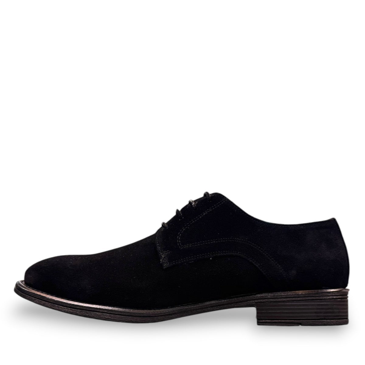 Sun Bardiya black suede lace-up dress shoes with a durable rubber outsole for formal or smart casual wear. Photo of right side view.