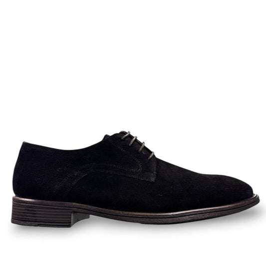 Sun Bardiya black suede lace-up dress shoes with a durable rubber outsole for formal or smart casual wear. Photo of left side view.
