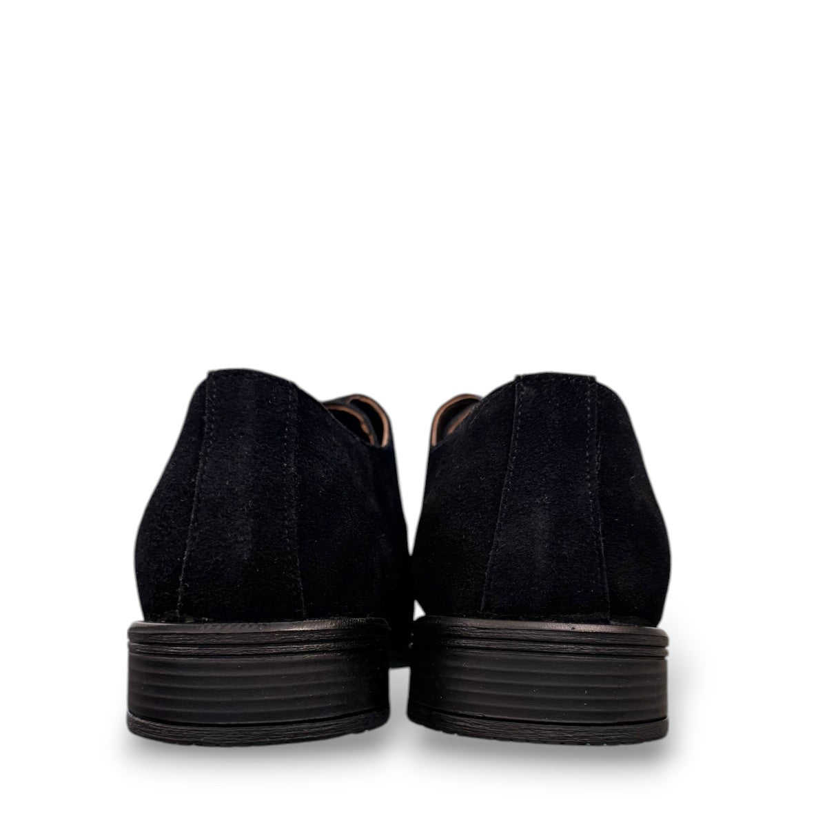 Sun Bardiya black suede lace-up dress shoes with a durable rubber outsole for formal or smart casual wear. Photo of back view.