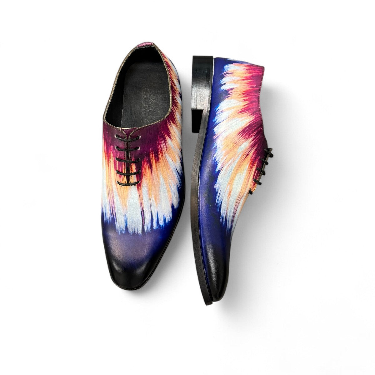 Sun Cool Watercolor handmade leather lace-up shoe with a vibrant sunset-inspired abstract print. Photo of upper view.