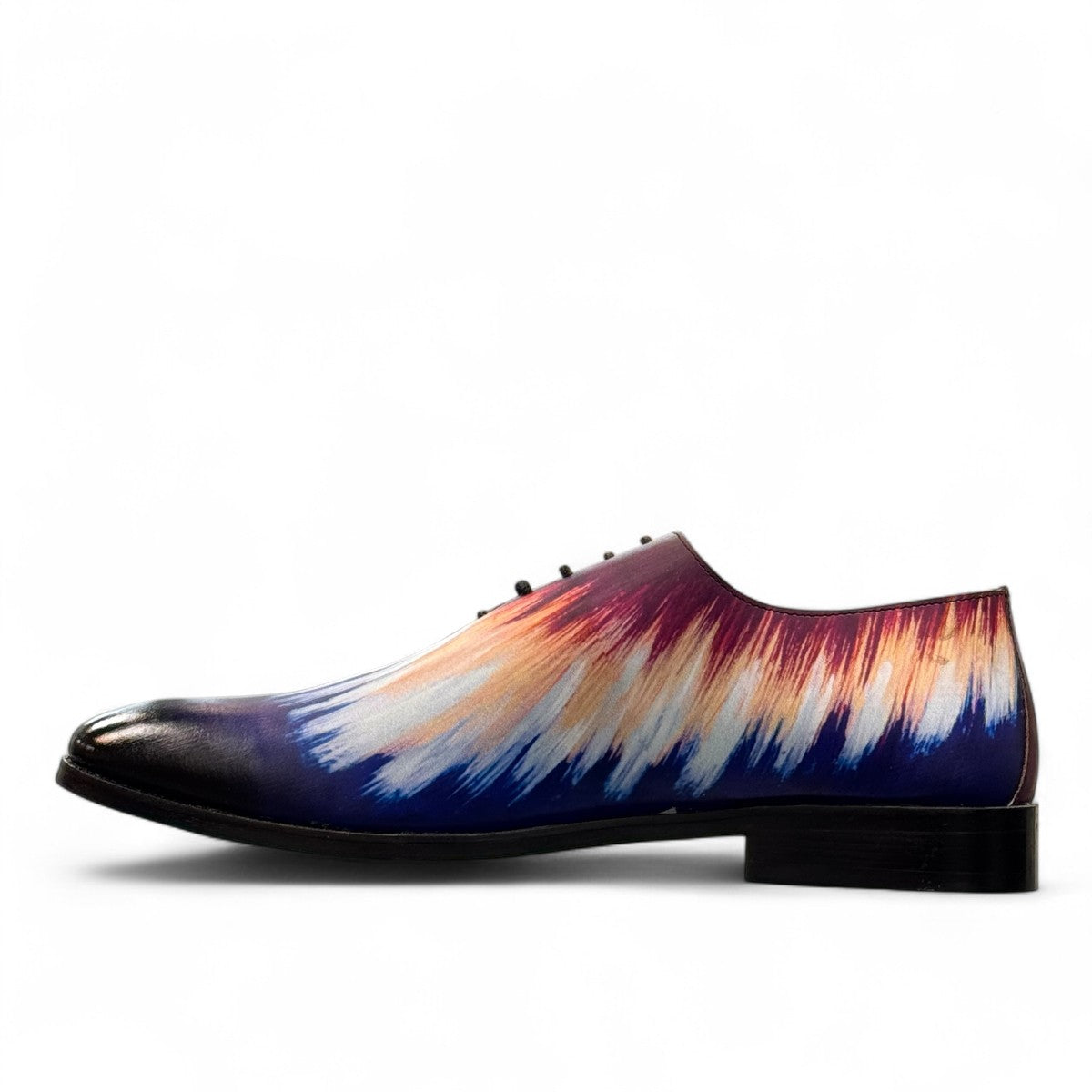 Sun Cool Watercolor handmade leather lace-up shoe with a vibrant sunset-inspired abstract print. Photo of inside side view.