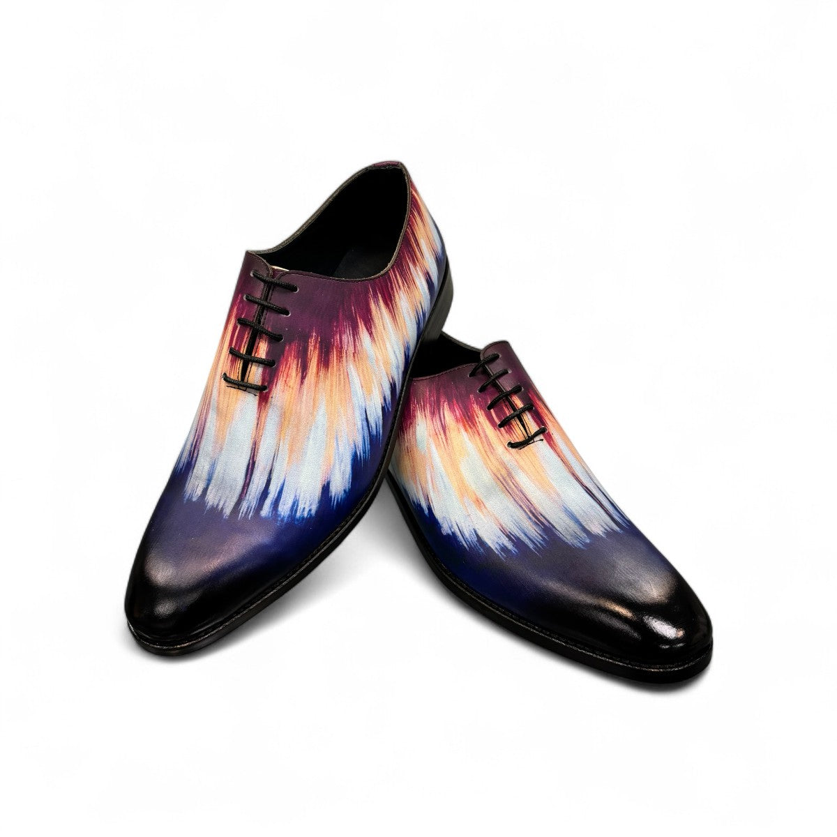 Sun Cool Watercolor handmade leather lace-up shoe with a vibrant sunset-inspired abstract print. Photo of front view.
