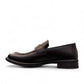 Sun Faulad black leather penny loafer with handmade stitching and durable rubber outsole. Photo of right side view.