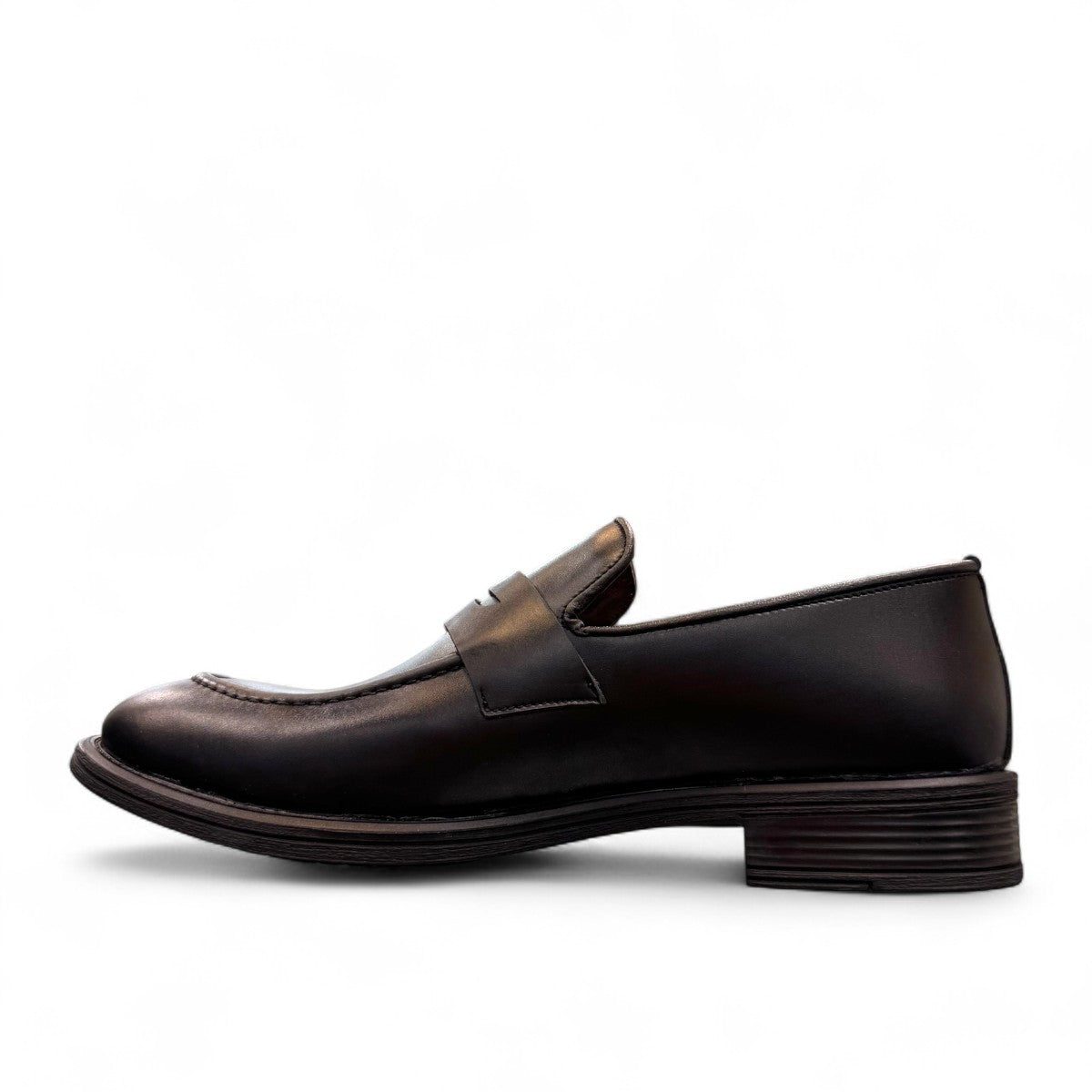 Sun Faulad black leather penny loafer with handmade stitching and durable rubber outsole. Photo of right side view.