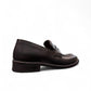 Sun Faulad black leather penny loafer with handmade stitching and durable rubber outsole. Photo of back view.