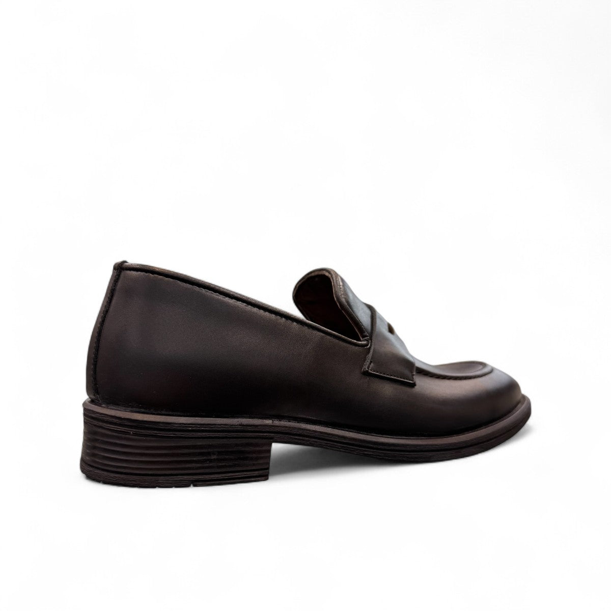 Sun Faulad black leather penny loafer with handmade stitching and durable rubber outsole. Photo of back view.