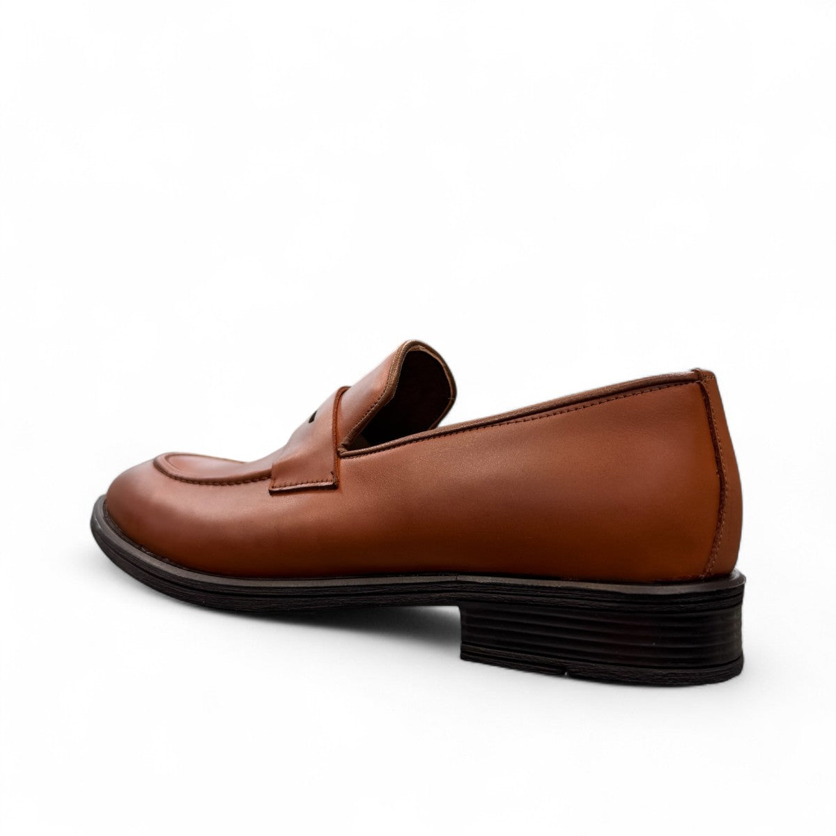 Sun Faulad brown genuine leather penny loafer with handmade stitching and a durable rubber outsole. Photo of back view.