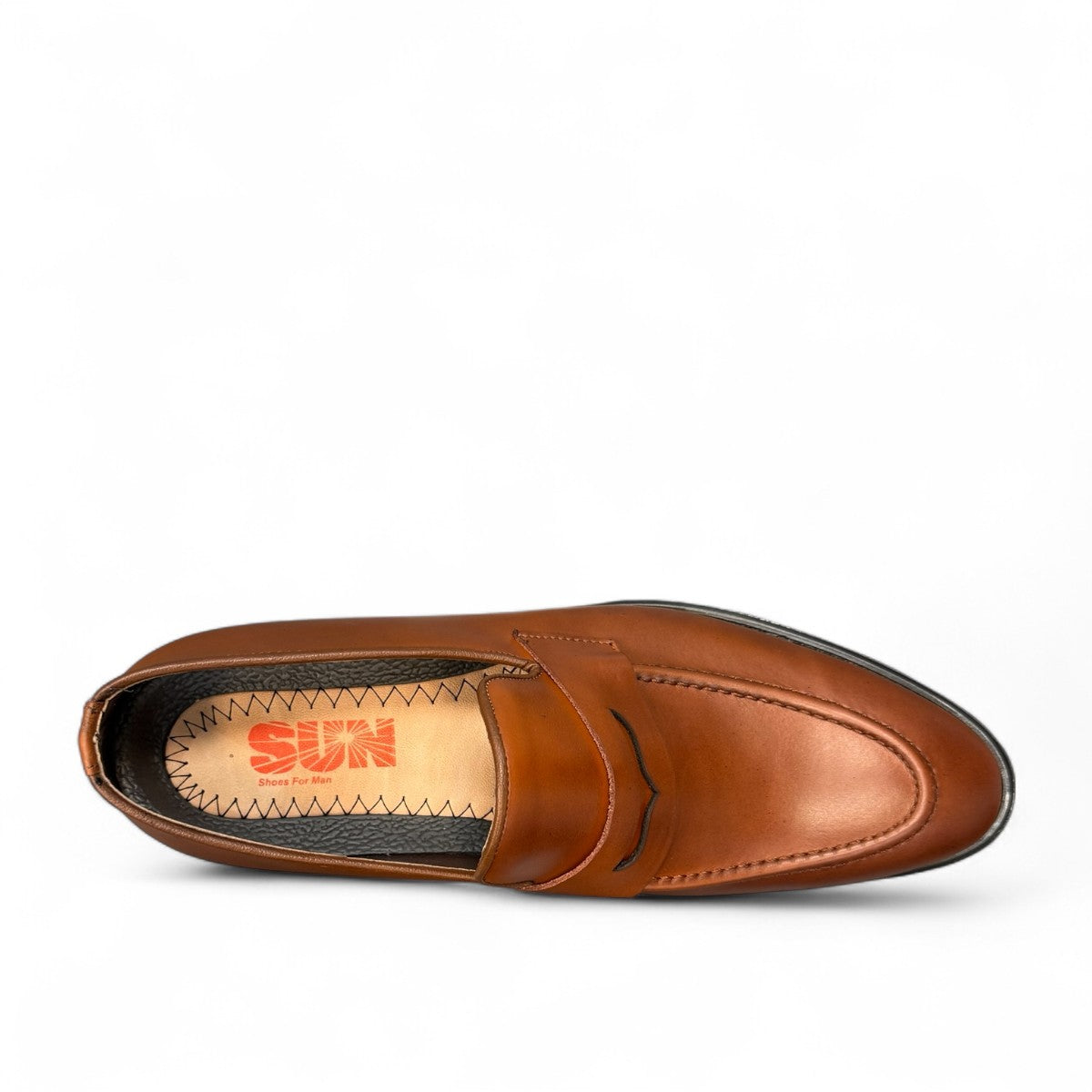 Sun Faulad brown genuine leather penny loafer with handmade stitching and a durable rubber outsole. Photo of upper view.