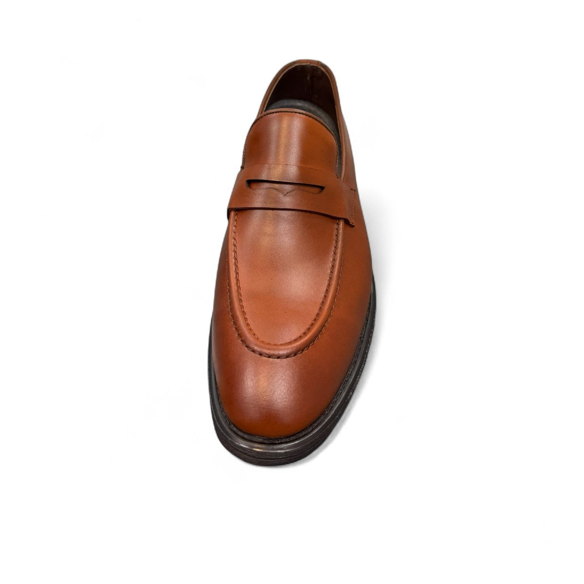 Sun Faulad brown genuine leather penny loafer with handmade stitching and a durable rubber outsole. Photo of front view.