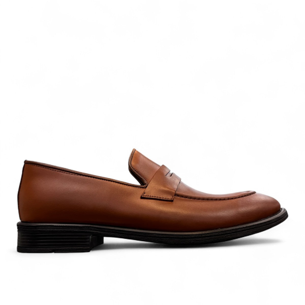 Sun Faulad brown genuine leather penny loafer with handmade stitching and a durable rubber outsole. Photo of left side view.
