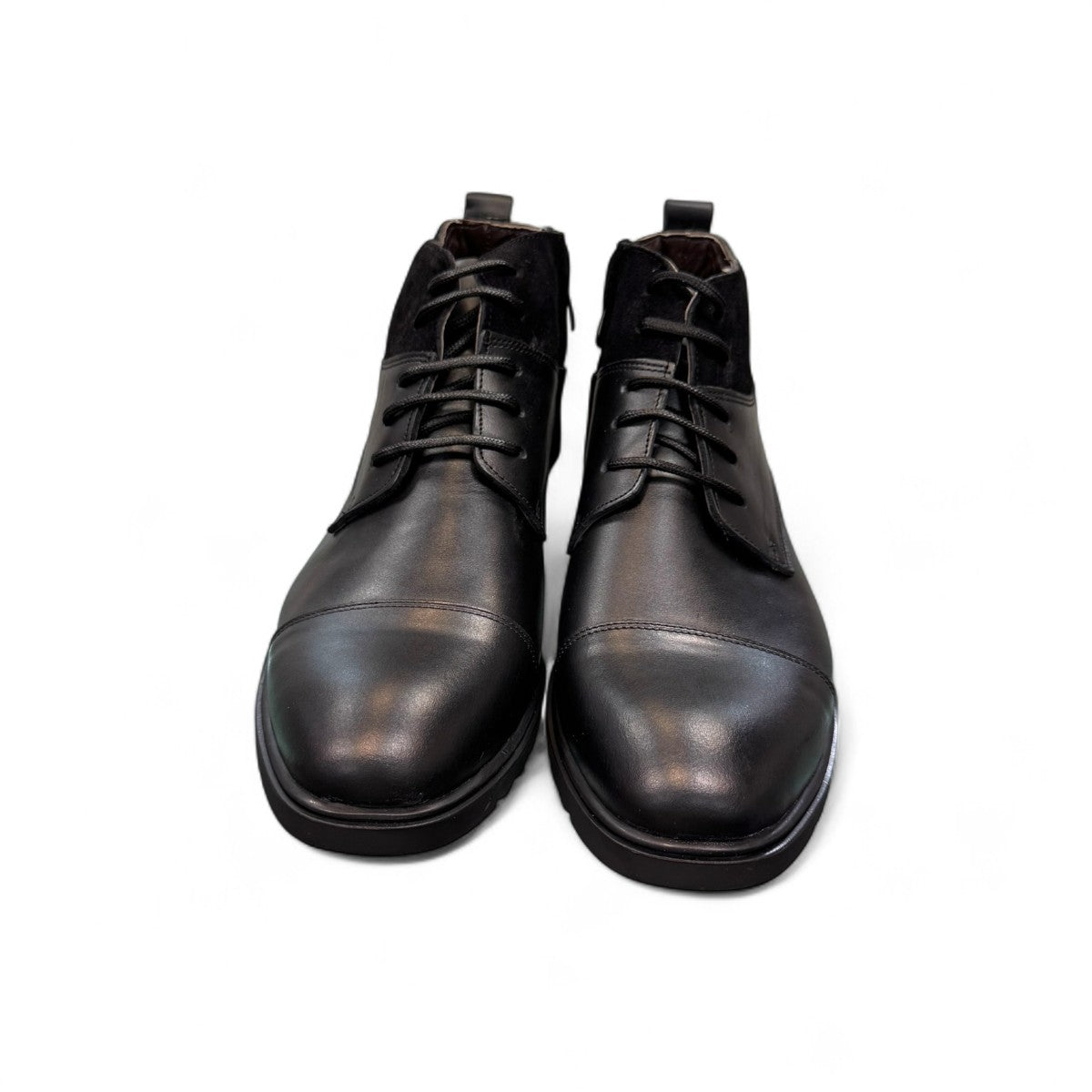 Sun Hesam black leather lace-up boot with a polished finish, rubber outsole, and handmade stitching. Photo of front view.