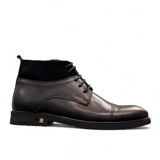 Sun Hesam black leather lace-up boot with a polished finish, rubber outsole, and handmade stitching. Photo of left side view.