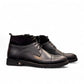 Sun Hesam black leather lace-up boot with a polished finish, rubber outsole, and handmade stitching. Photo of side views.