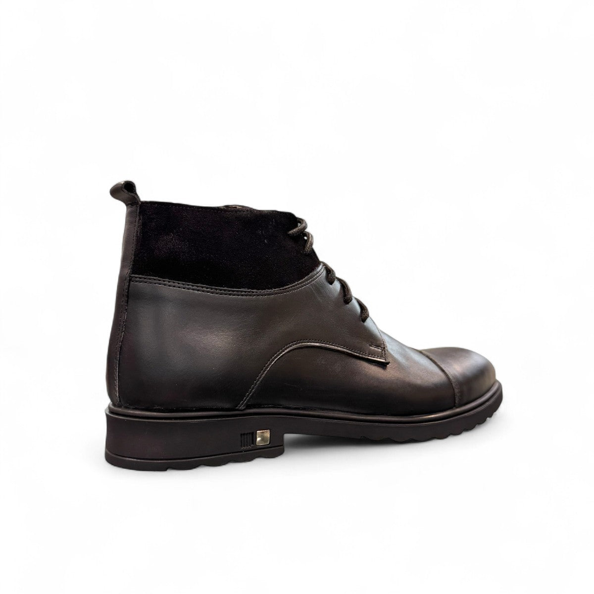 Sun Hesam black leather lace-up boot with a polished finish, rubber outsole, and handmade stitching. Photo of back view 1.