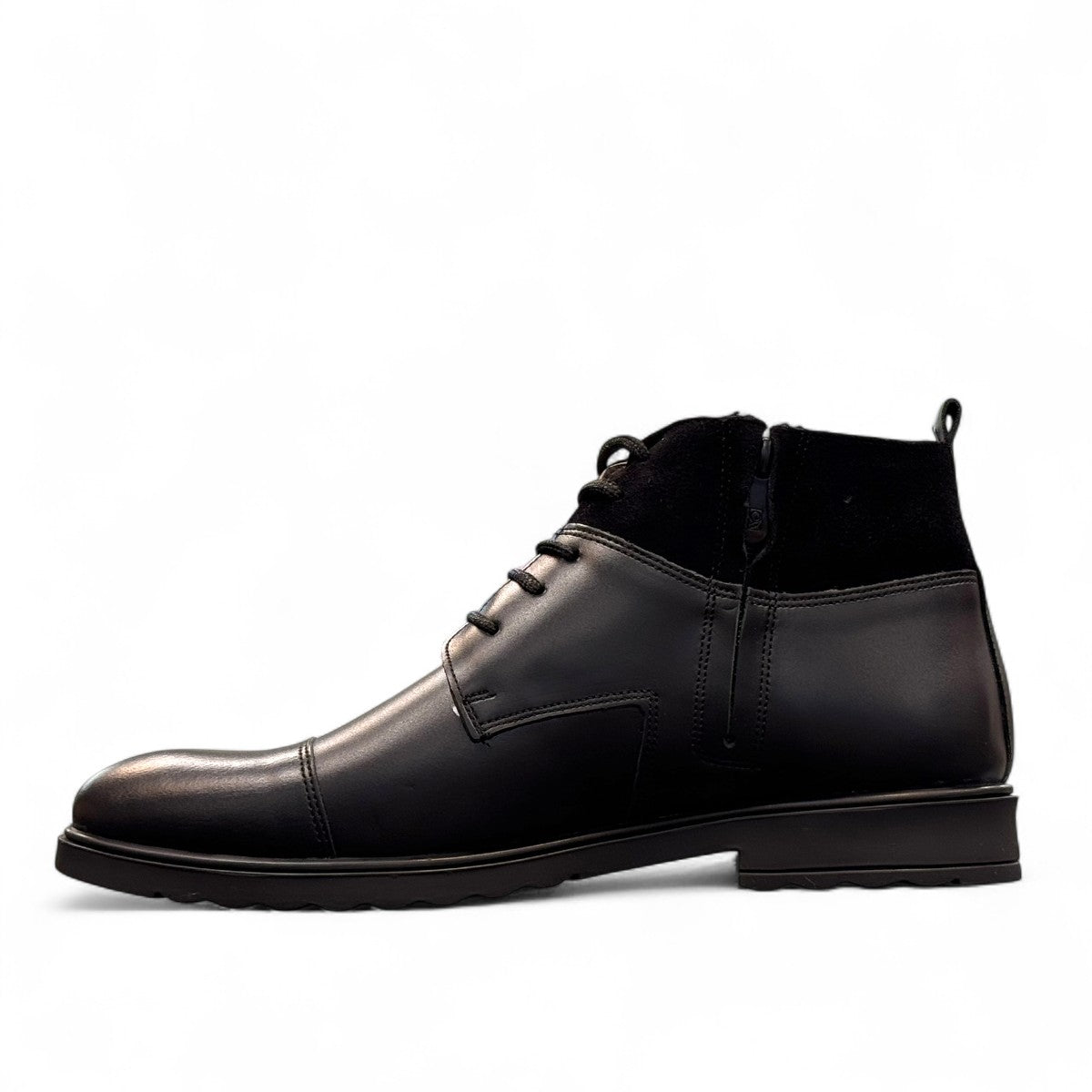 Sun Hesam black leather lace-up boot with a polished finish, rubber outsole, and handmade stitching. Photo of right side view.