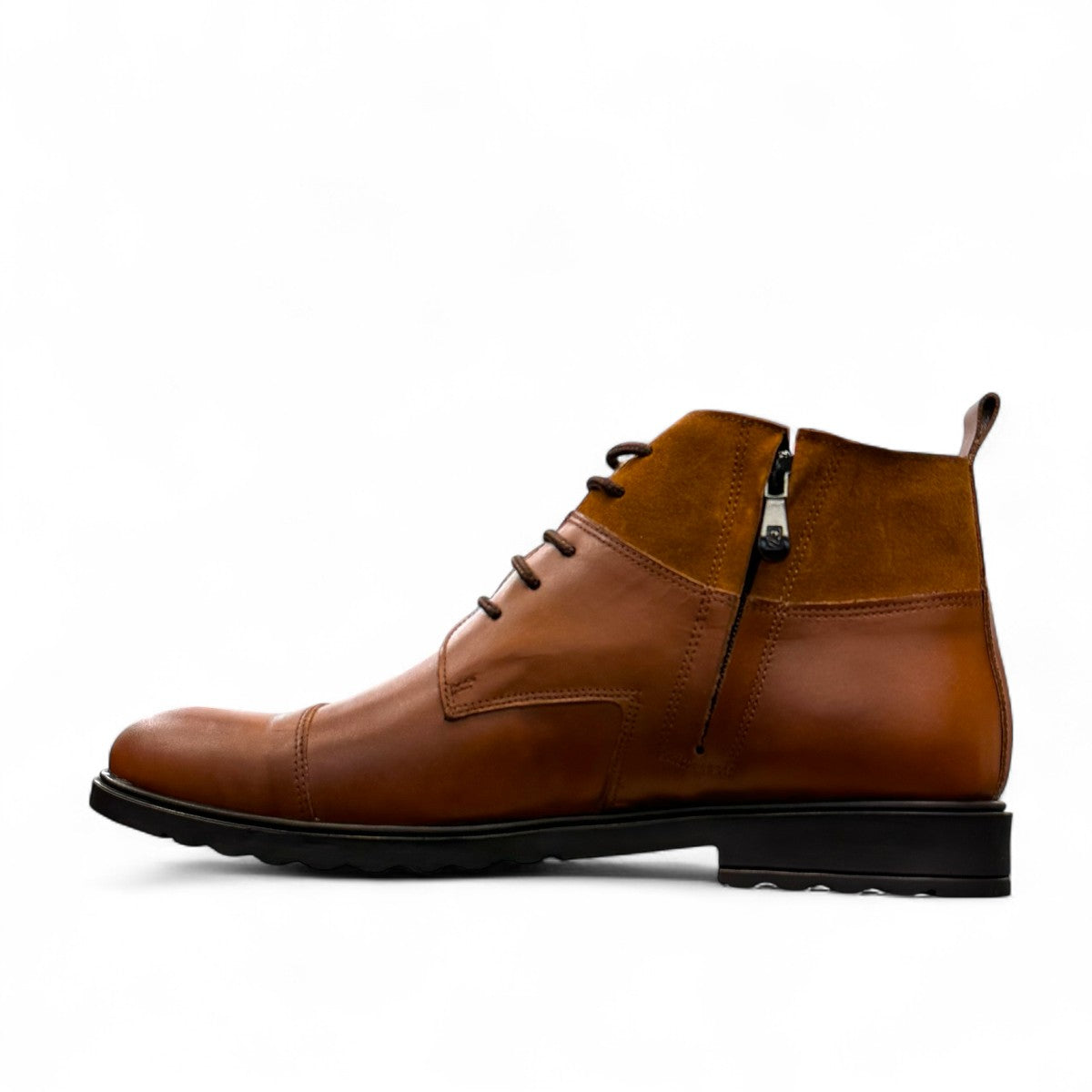 Sun Hesam brown leather lace-up boot with suede collar and durable rubber outsole. Photo of right side view.