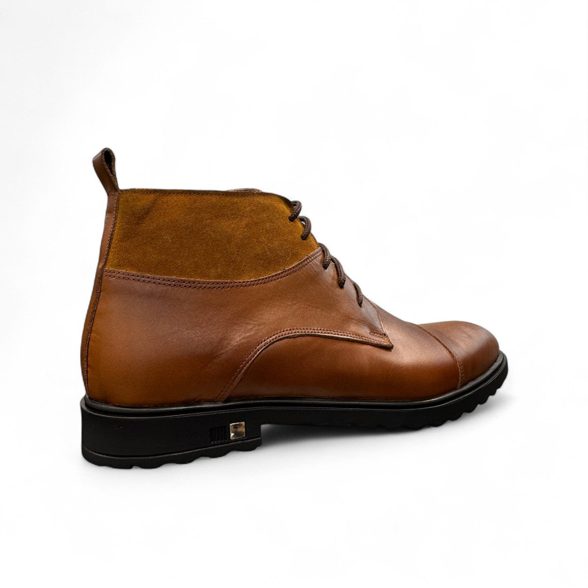 Sun Hesam brown leather lace-up boot with suede collar and durable rubber outsole. Photo of back view 1.