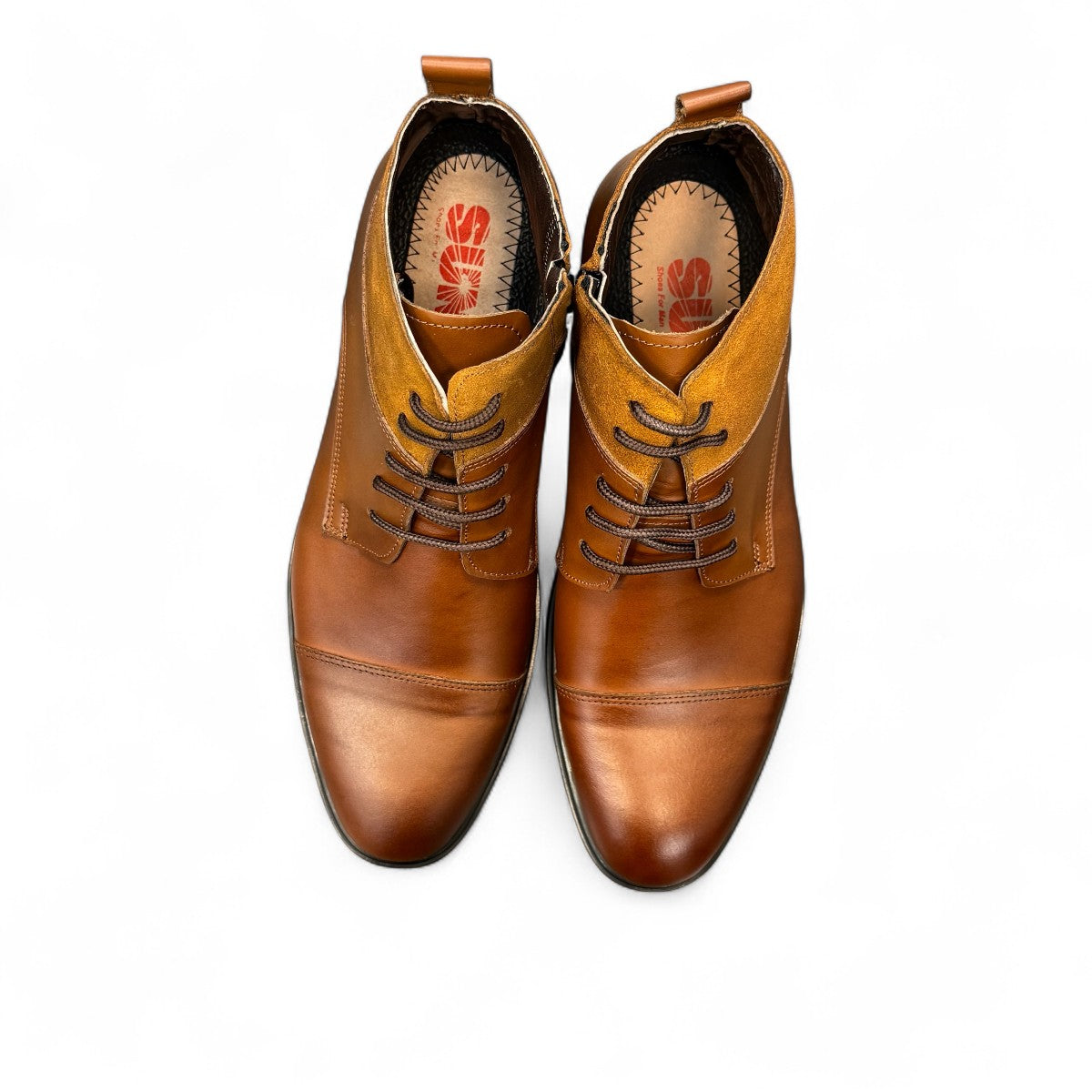 Sun Hesam brown leather lace-up boot with suede collar and durable rubber outsole. Photo of upper view.