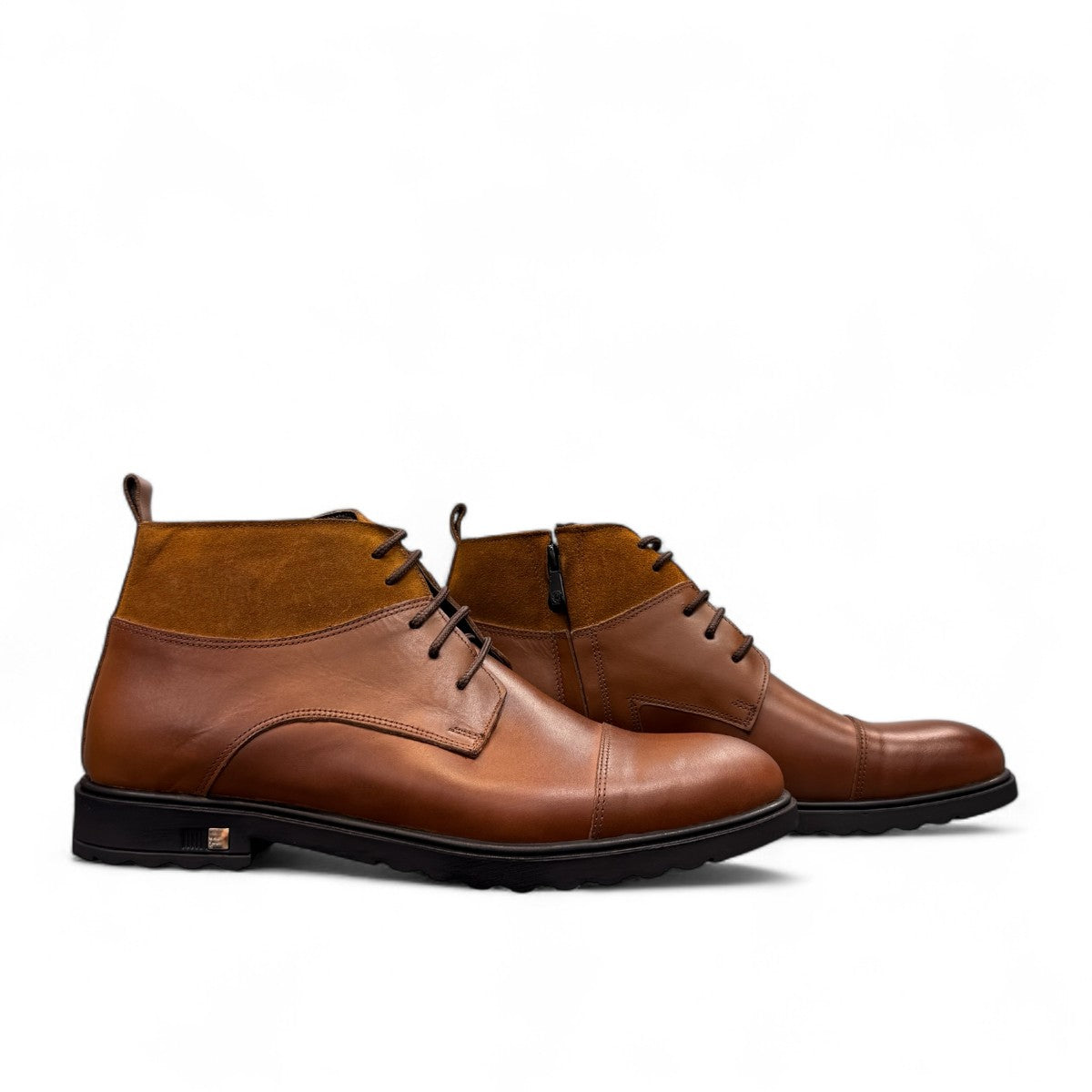 Sun Hesam brown leather lace-up boot with suede collar and durable rubber outsole. Photo of side views.