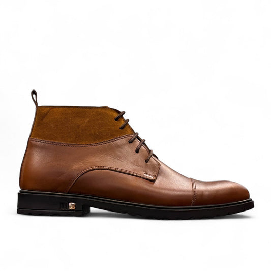 Sun Hesam brown leather lace-up boot with suede collar and durable rubber outsole. Photo of left side view.