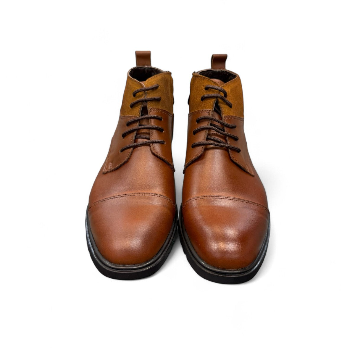 Sun Hesam brown leather lace-up boot with suede collar and durable rubber outsole. Photo of front view.