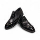 Sun Hesamak 2 black patent leather lace-up dress shoe with detailed stitching and rubber outsole. Photo of front view.