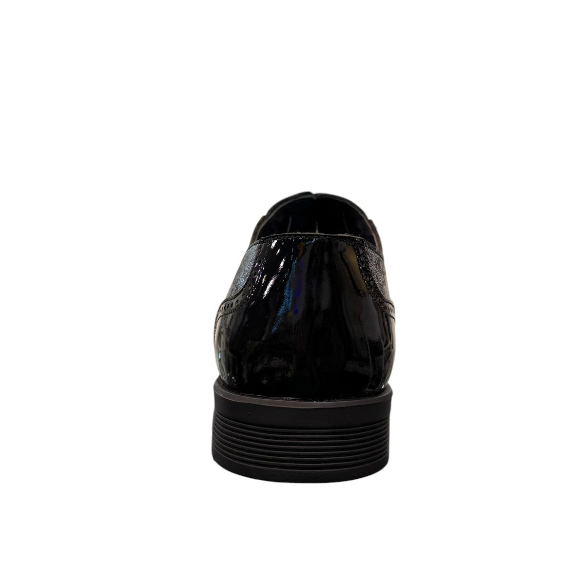 Sun Hesamak 2 black patent leather lace-up dress shoe with detailed stitching and rubber outsole. Photo of back view.