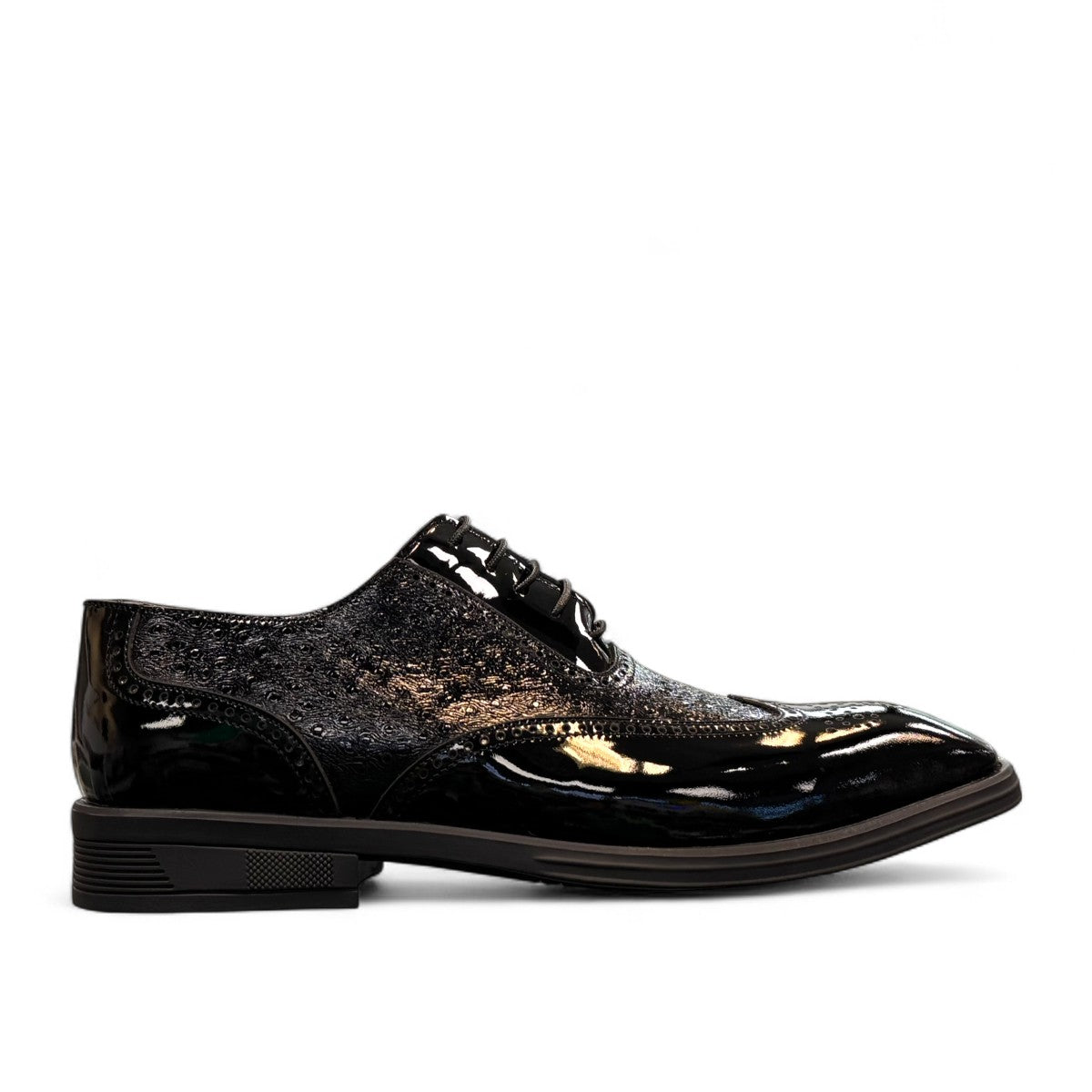 Sun Hesamak 2 black patent leather lace-up dress shoe with detailed stitching and rubber outsole. Photo of outside side view.