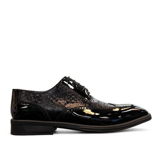 Sun Hesamak 2 black patent leather lace-up dress shoe with detailed stitching and rubber outsole. Photo of outside side view.