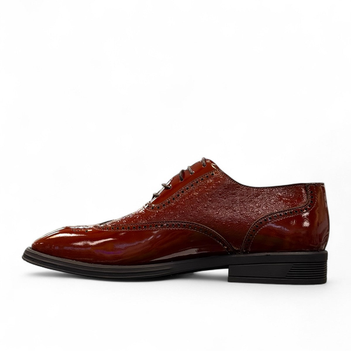 Sun Hesamak 2 brown patent leather lace-up dress shoe with brogue detailing and a durable rubber outsole. Photo of inside side view.