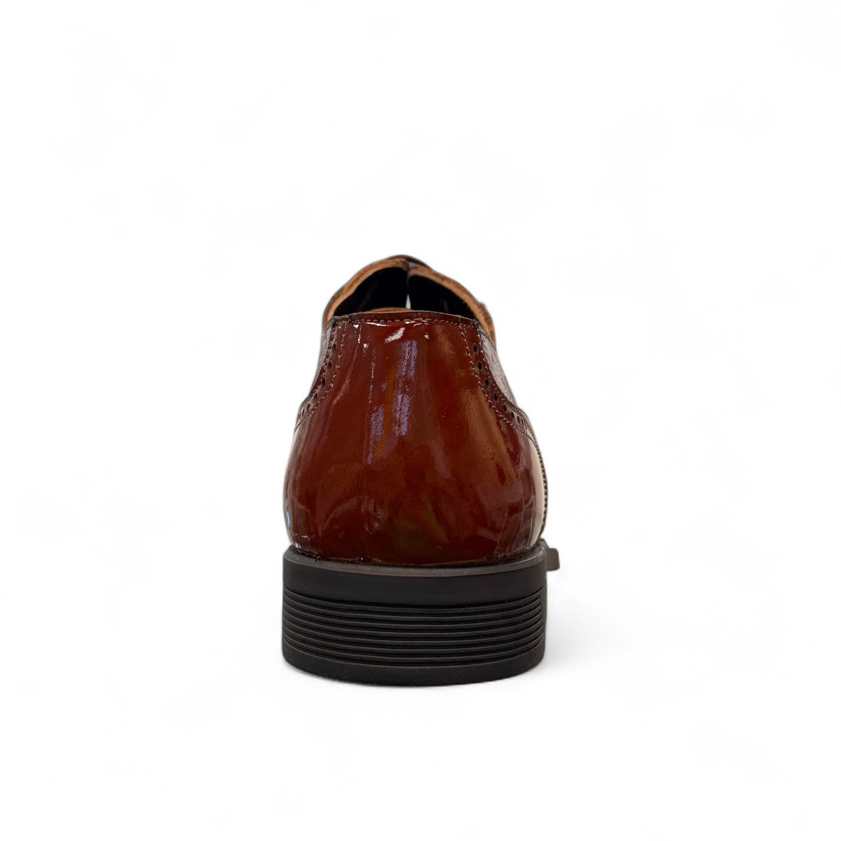 Sun Hesamak 2 brown patent leather lace-up dress shoe with brogue detailing and a durable rubber outsole. Photo of back view.