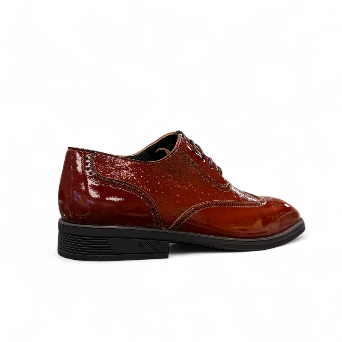 Sun Hesamak 2 brown patent leather lace-up dress shoe with brogue detailing and a durable rubber outsole. Photo of back view at an angle.