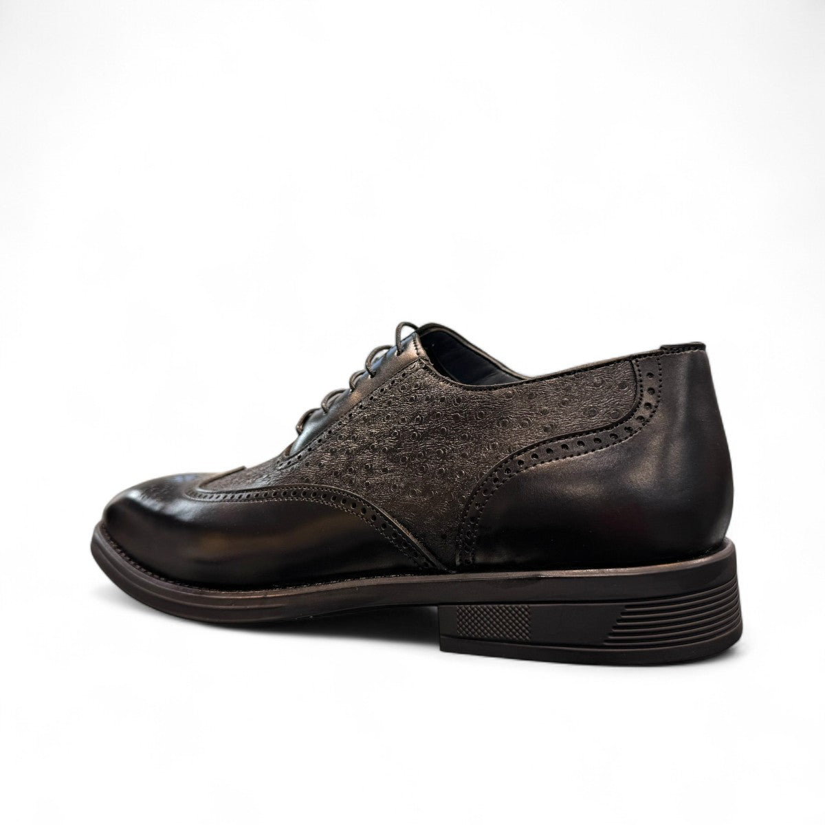 Sun Hesamak 3 black leather brogue dress shoe with lace-up closure and detailed stitching. Photo of back view.