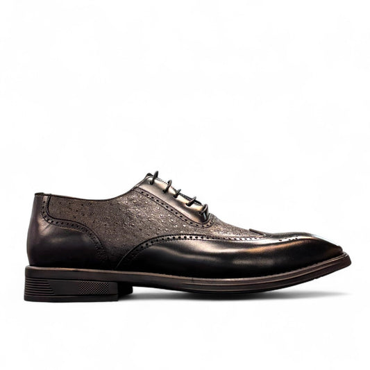 Sun Hesamak 3 black leather brogue dress shoe with lace-up closure and detailed stitching. Photo of outside side view.