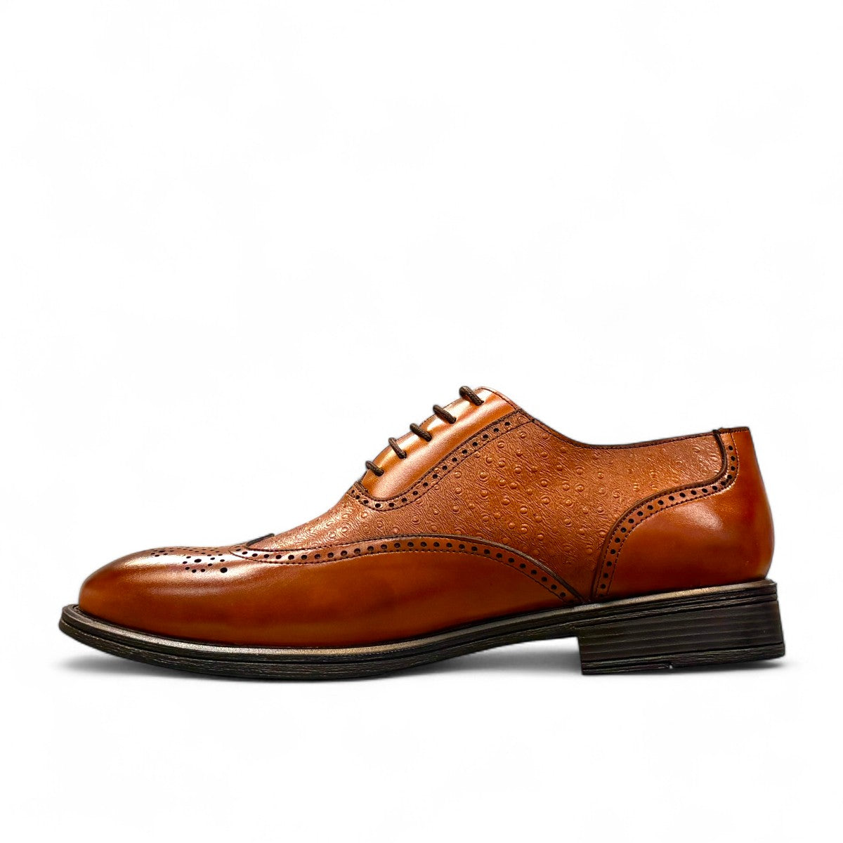 Sun Hesamak brown leather shoe with lace-up closure, textured side panel, and detailed stitching. Photo of right side view.