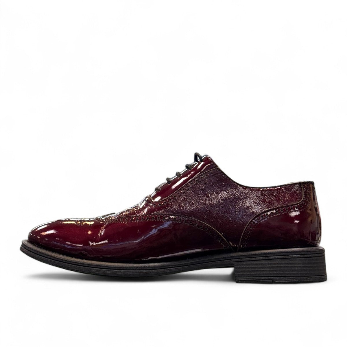 Sun Hesamak red leather brogue shoe with lace-up closure, polished finish, and durable rubber outsole. Photo of right side view.