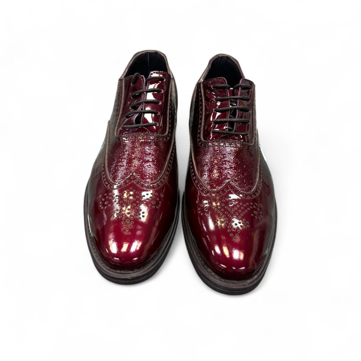 Sun Hesamak red leather brogue shoe with lace-up closure, polished finish, and durable rubber outsole. Photo of front view 2.