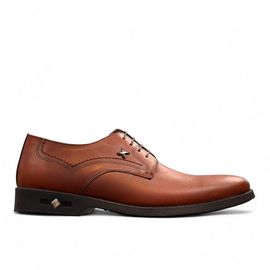Sun Isfahan Lace brown leather lace-up dress shoe with decorative side stitching and a durable rubber outsole. Photo of left side view.