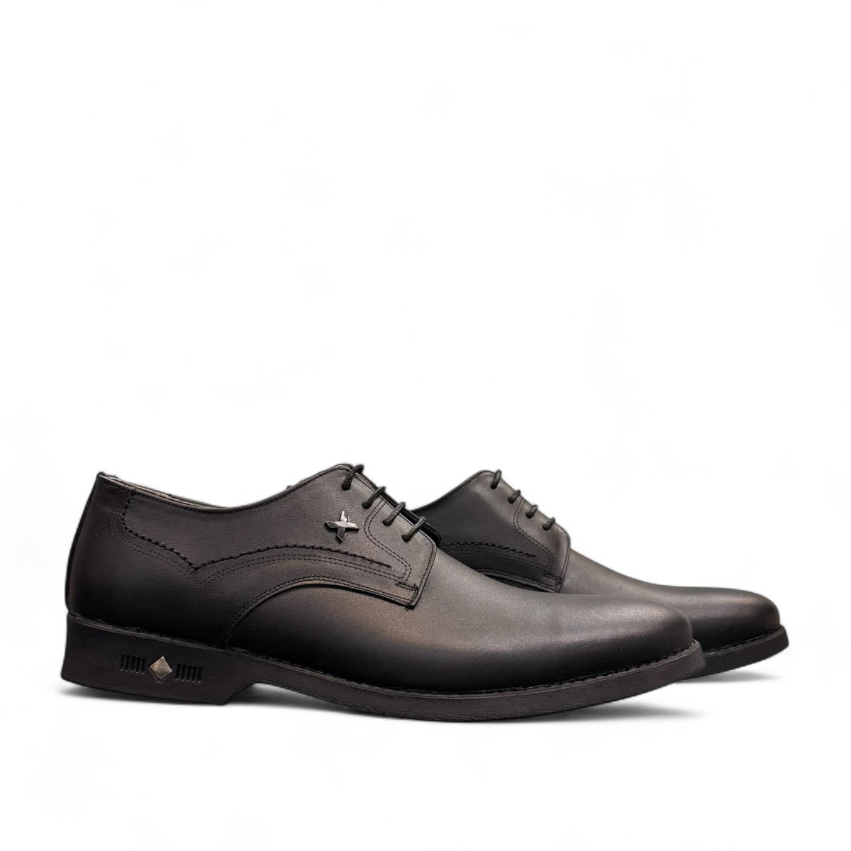 Sun Isfahan black leather lace-up dress shoe with handmade stitching and a durable rubber outsole. Photo of side views.