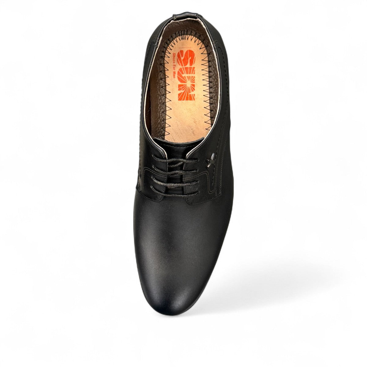 Sun Isfahan black leather lace-up dress shoe with handmade stitching and a durable rubber outsole. Photo of sole.