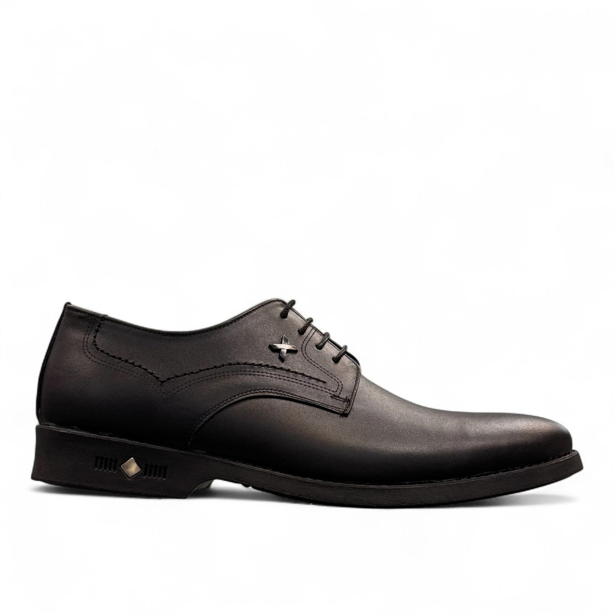 Sun Isfahan black leather lace-up dress shoe with handmade stitching and a durable rubber outsole. Photo of left side view.